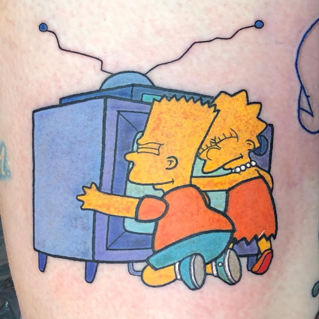 Bart and Lisa Simpson hugging tv tattoo