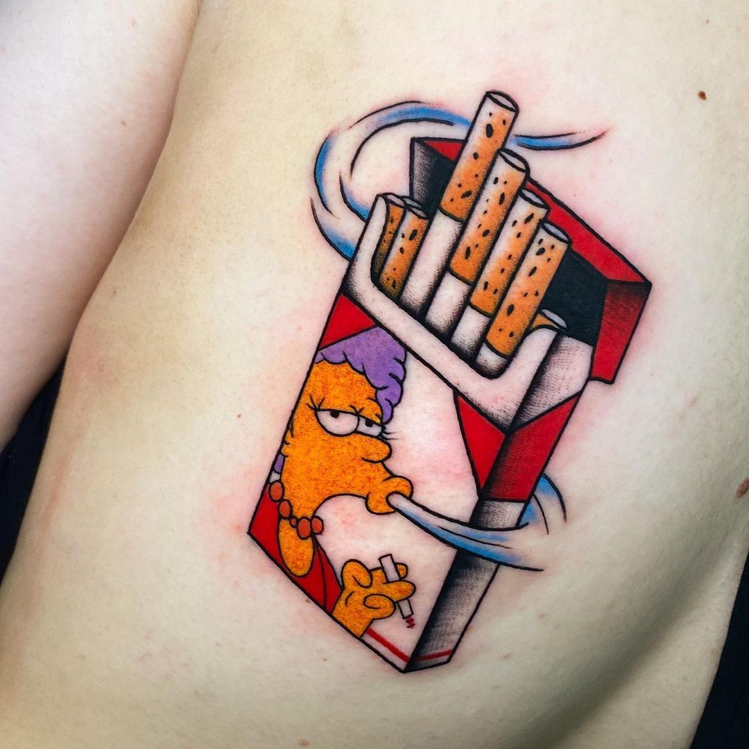Selma on a pack of cigarettes tattoo based on The Simpsons